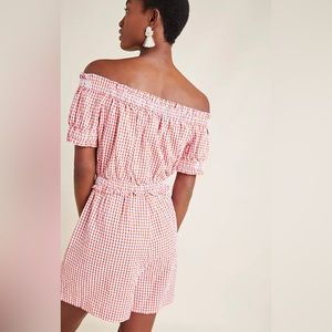 Anthropologie Gingham Print Off Shoulder Romper Orange, White Gray SMALL…